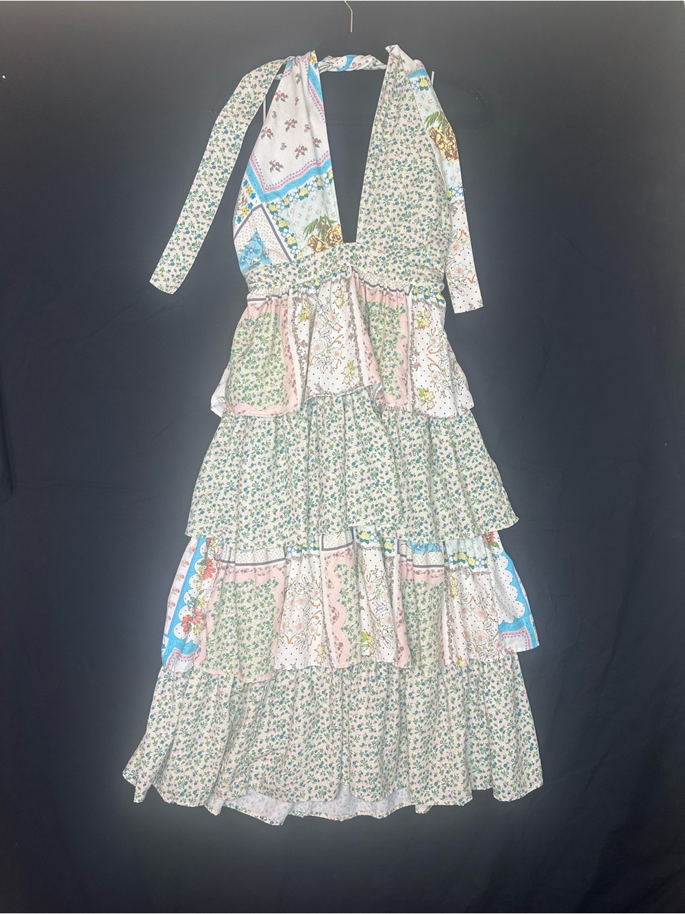 HUNTER BELL Berkley Patchwork Ruffle Tiered Halter Midi Dress Size 8